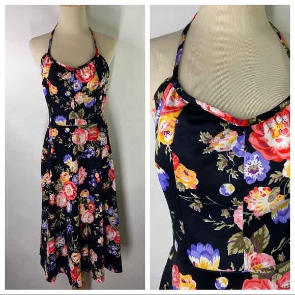 Vintage Dresses & Skirts - Vintage 70s SunDress Floral Black Print Halter Top Built In Bra Midi Cottage S